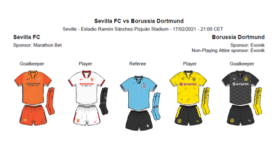 Equipaciones para el partido de Liga de Campeones entre el Sevilla FC y el Borussia Dortmund