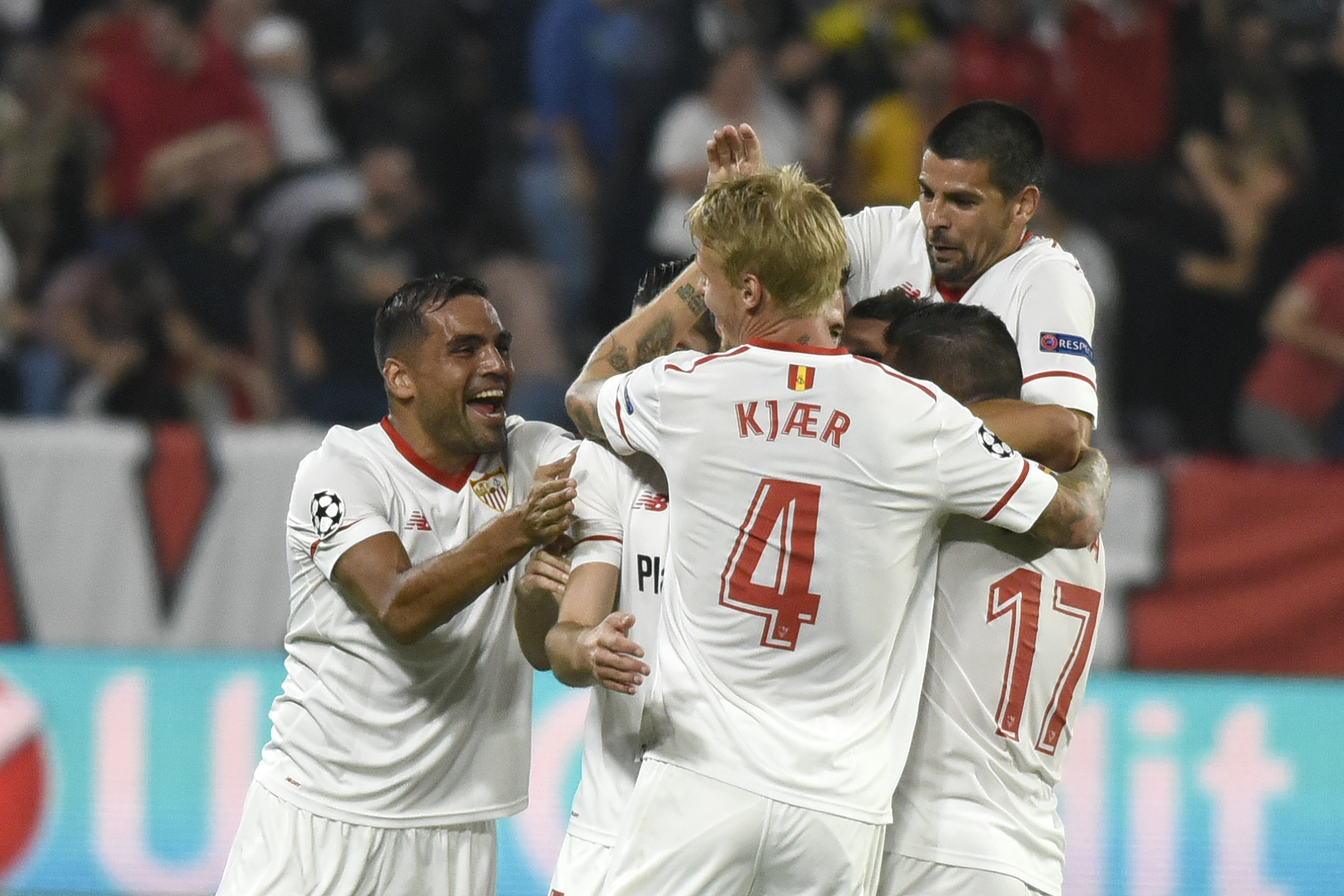 El Sevilla celebra un gol en Europa