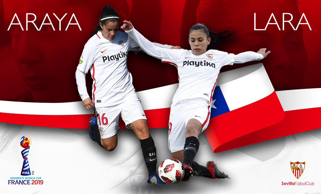 Karen Araya y Pancha Lara, jugadoras del primer equipo femenino del Sevilla FC, primera y tercera por la izquierda respectivamente, convocadas para el Mundial de Francia con la selección de Chile