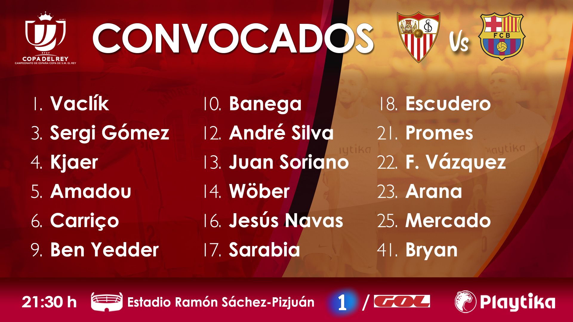 Lista de convocados del Sevilla FC ante el Barcelona
