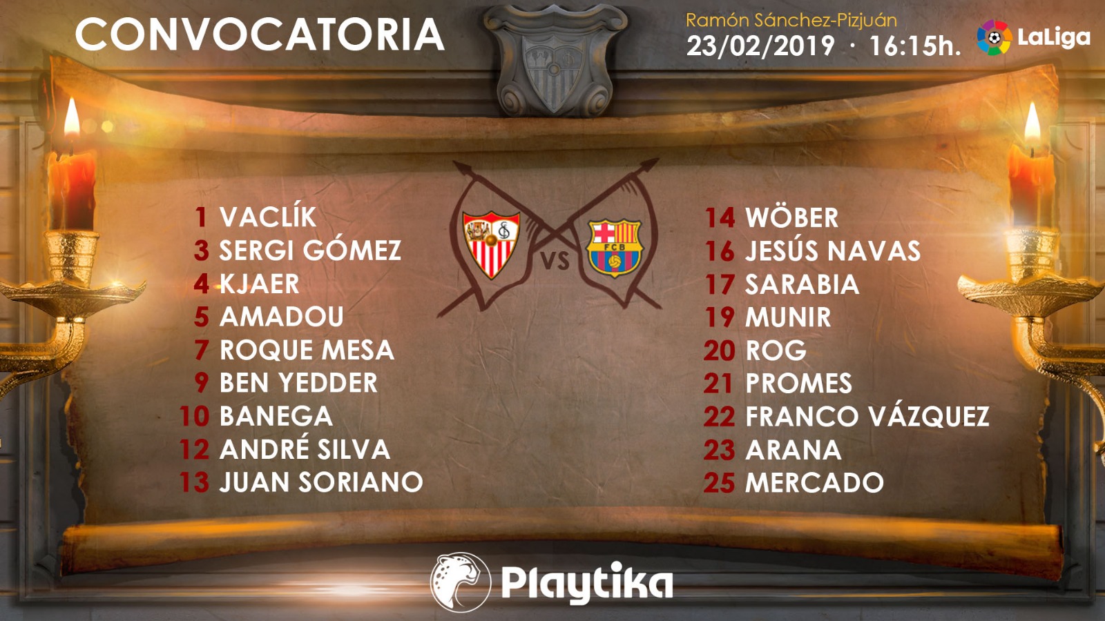 18-man squad for Sevilla-Barcelona