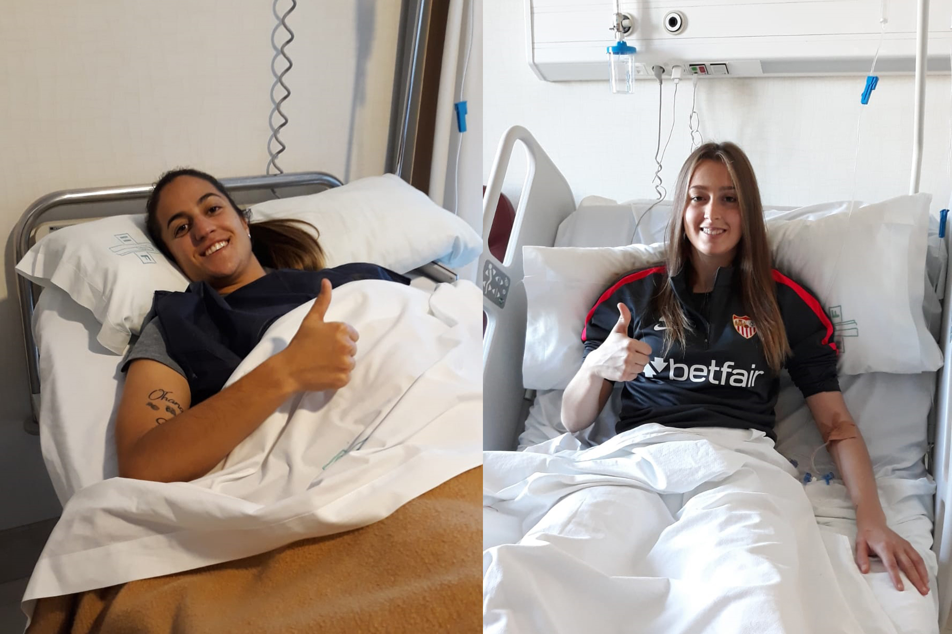 Lucía Ramírez y Teresa Rey, jugadoras del primer equipo femenino del Sevilla FC, sonríen después de ser intervenidas hoy en el Hospital Fátima