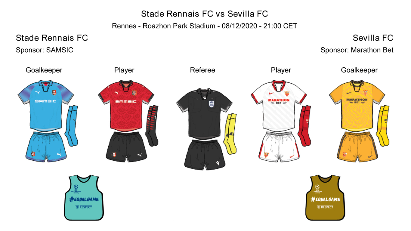 Equipaciones para el partido de Liga de Campeones entre el Stade Rennais y el Sevilla FC