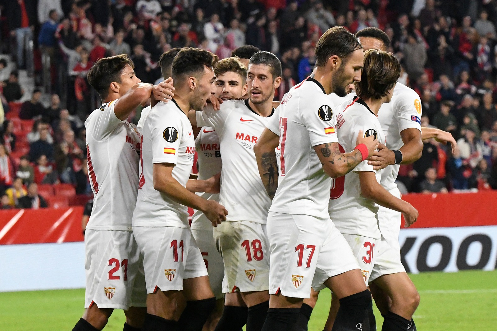 Sevilla FC celebrate after scoring against Dudelange 