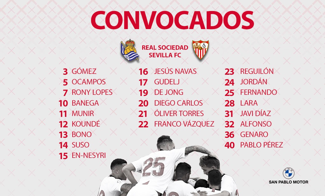 Lista de convocados para el Real Sociedad-Sevilla FC