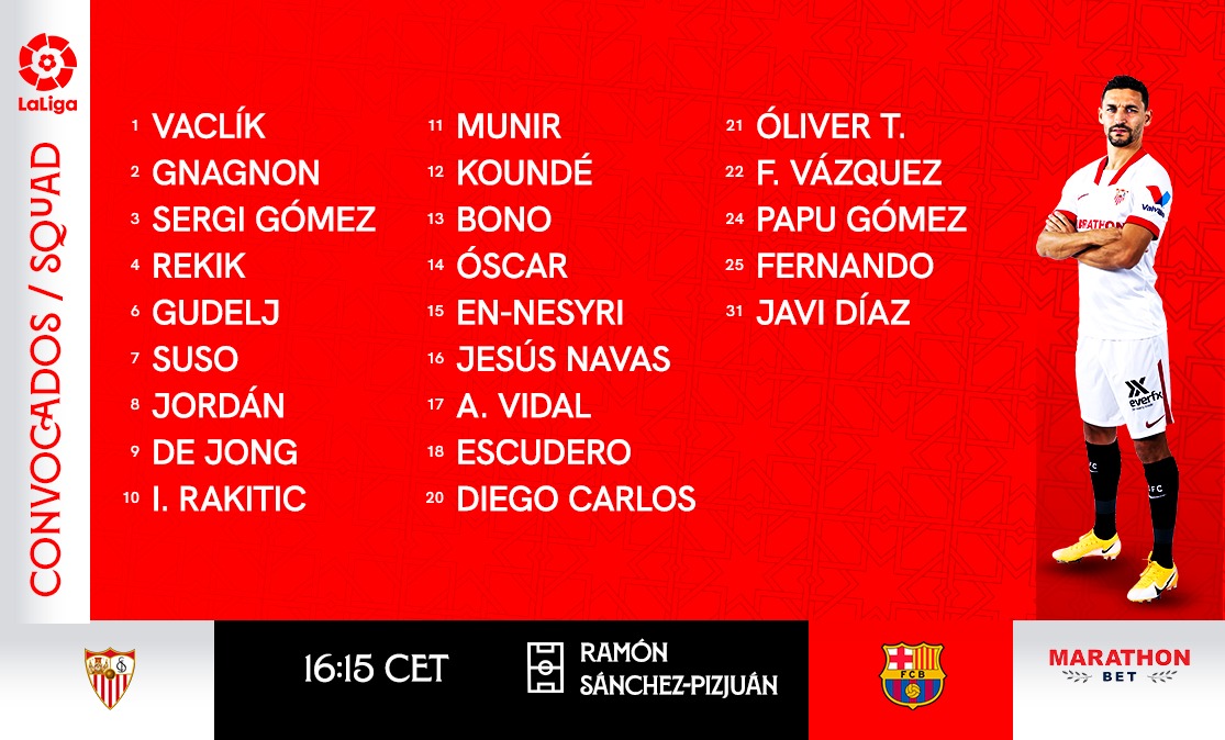 Lista de convocados para el Sevilla FC-FC Barcelona