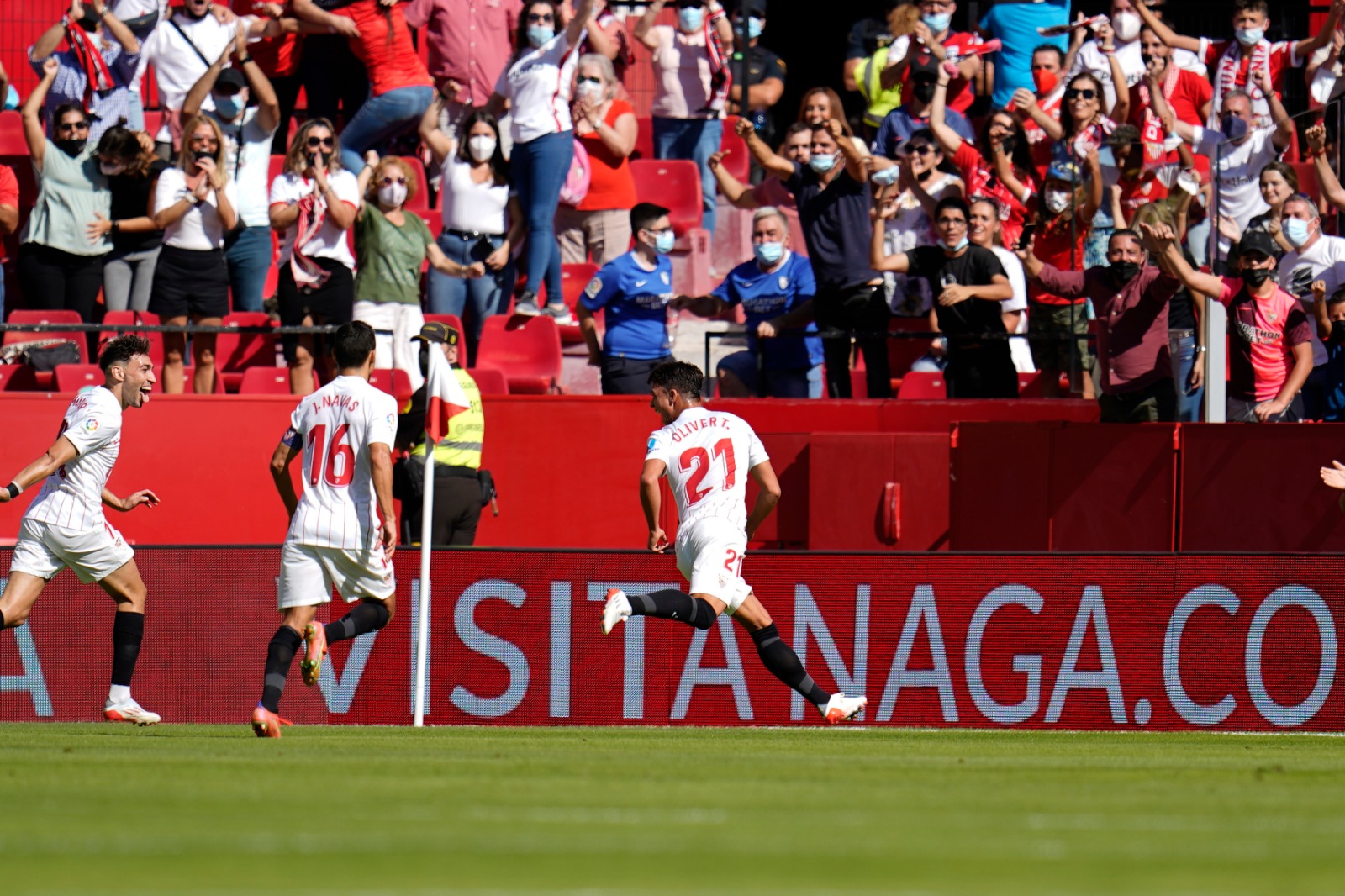 Sevilla FC celebrate one of the goals against Levante UD