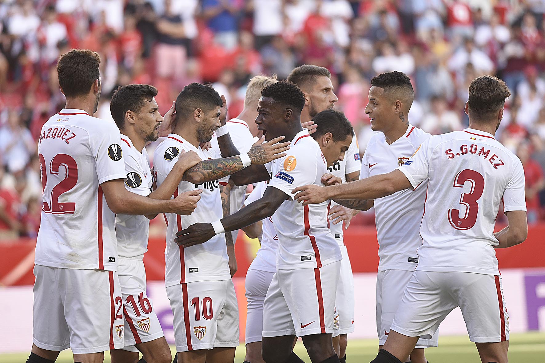 Sevilla FC celebrate their win against Standard Liege