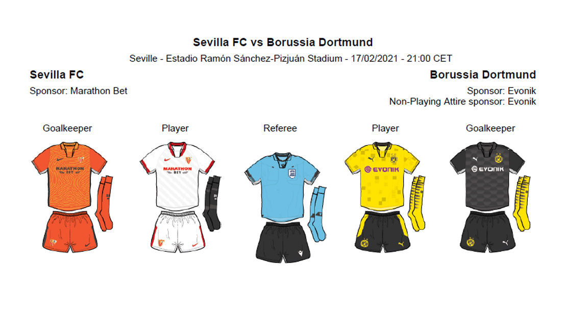 Equipaciones para el partido de Liga de Campeones entre el Sevilla FC y el Borussia Dortmund