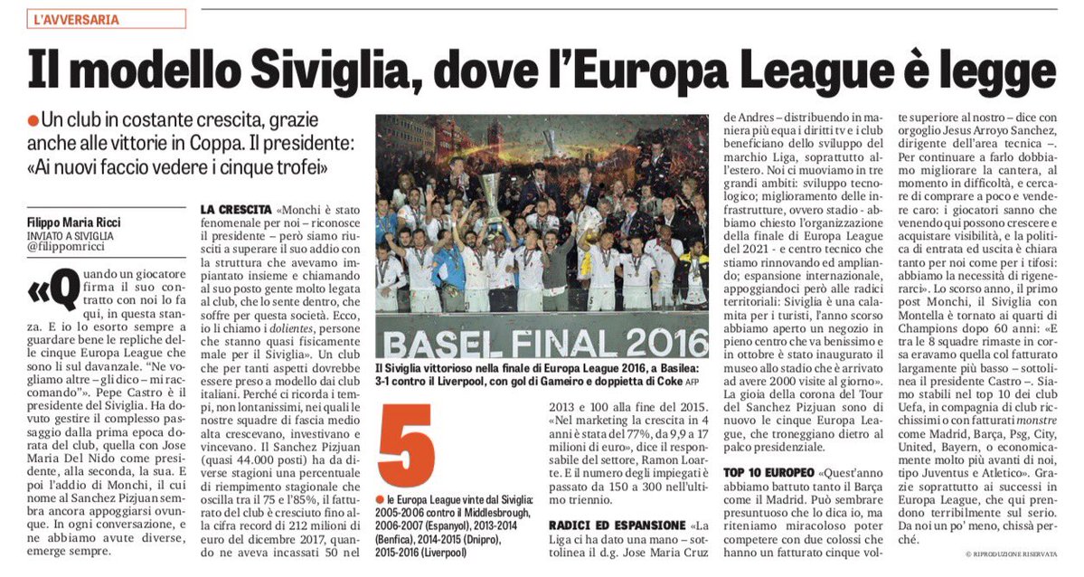 Artículo sobre el Sevilla FC en la Gazzetta dello Sport