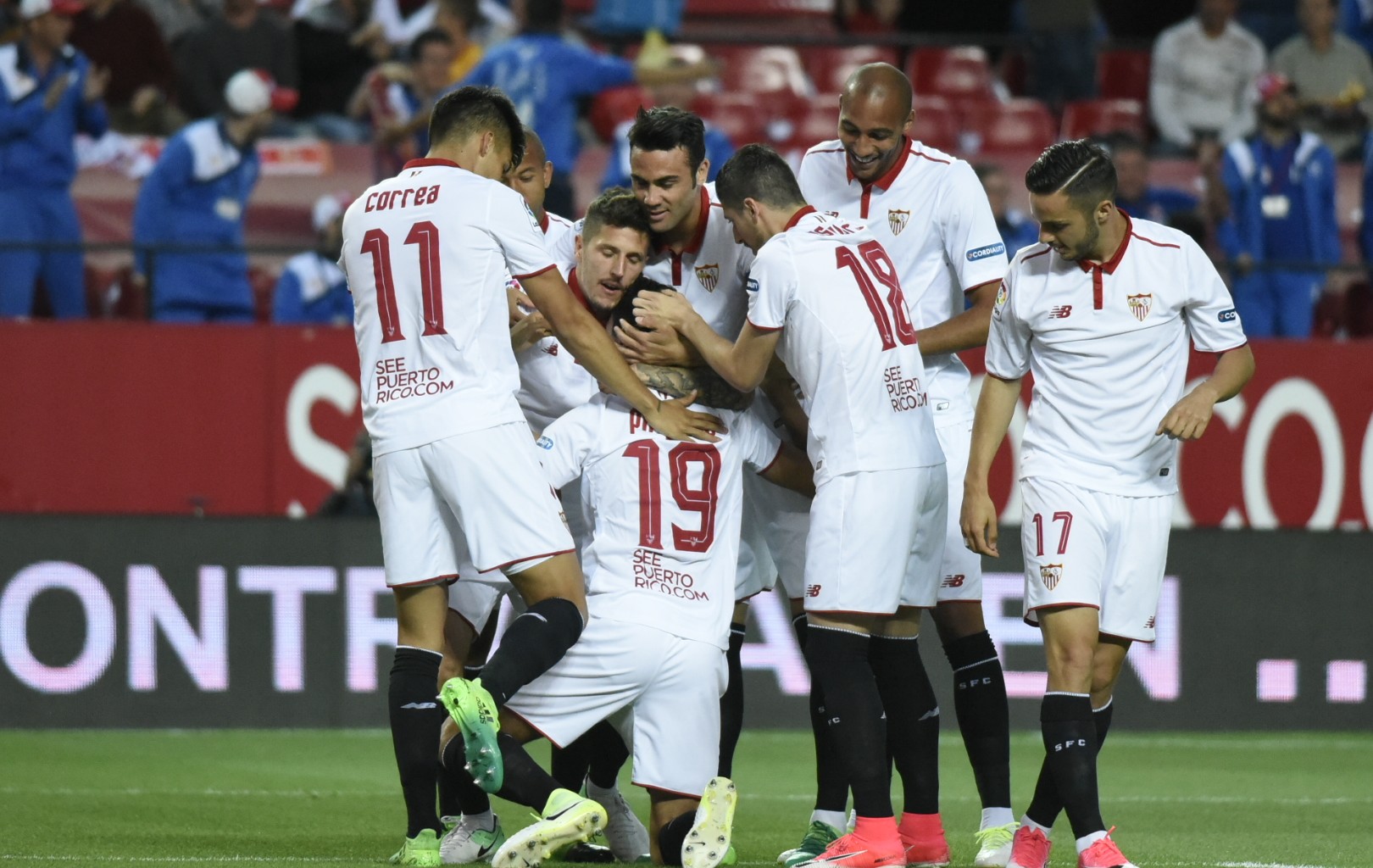 Sevilla FC celebrate the first goal against Granada