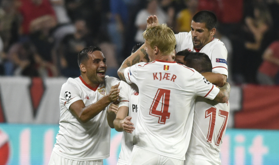 El Sevilla celebra un gol en Europa