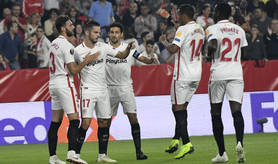 Sevilla FC celebrate a goal in UEFA