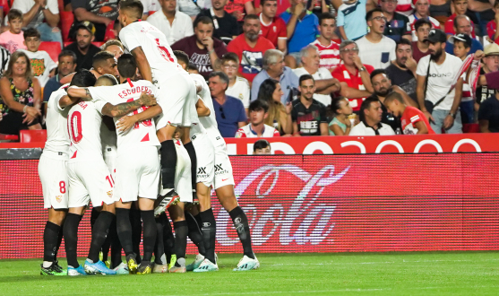Sevilla FC celebrate the goal which gave them the win over Granada 