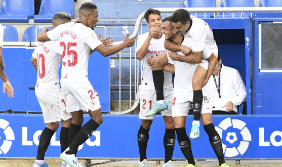 Sevilla celebrate one of their away goals this season