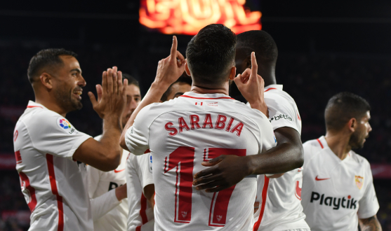 Sevilla FC celebrate their first goal against Barcelona