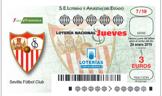 Ejemplo del décimo que podrá adquirirse para el sorteo de la Lotería Nacional del próximo 24 de enero, con el escudo del Sevilla FC y el logotipo de la Liga Iberdrola, principal competición femenina del fútbol español