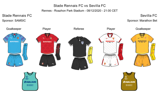Equipaciones para el partido de Liga de Campeones entre el Stade Rennais y el Sevilla FC