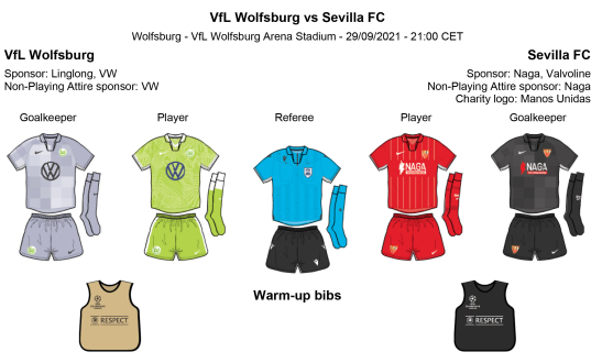 The kits for VfL Wolfsburg vs Sevilla FC