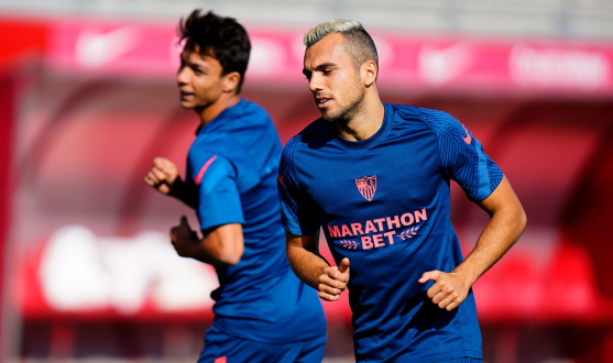 Jordán y Óliver, en un entrenamiento del Sevilla FC