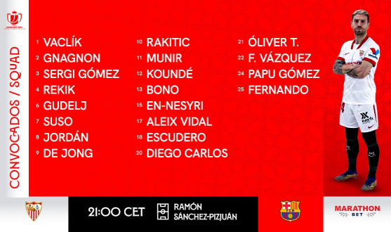 The squad for Sevilla FC-FC Barcelona