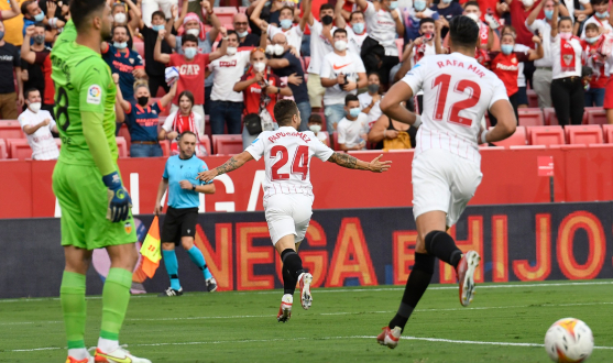 Sevilla celebrate scoring against Valencia CF