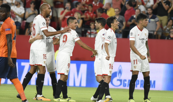 Sevilla FC players celebrate a goal