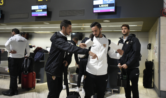 Sevilla FC before leaving for Liege