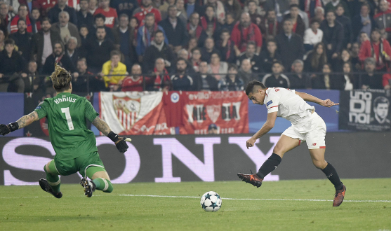 Sevilla FC's Wissam Ben Yedder has a go against Karius of Liverpool