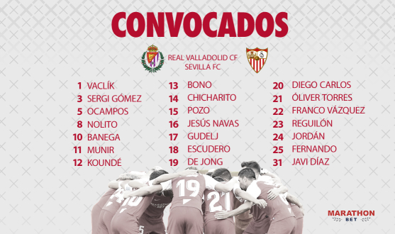 Convocatoria del Sevilla FC para el encuentro liguero frente al Real Valladolid