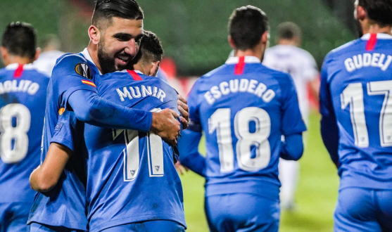 Dabbur and Munir celebrate one of the goals in Luxembourg