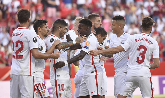 Sevilla FC celebrate their win against Standard Liege