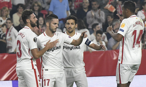 El Sevilla FC celebra un gol ante el Akhisarspor