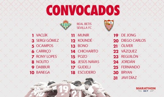 Convocatoria del Sevilla FC para el encuentro liguero frente al Real Betis