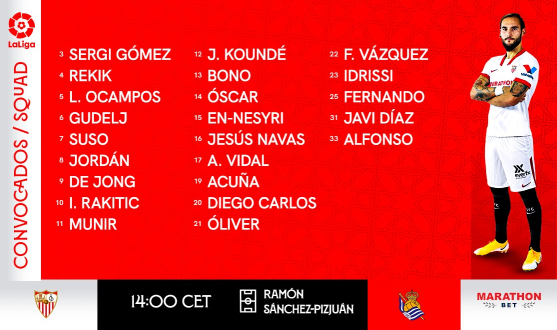 Lista de convocados para el Sevilla FC-Real Sociedad