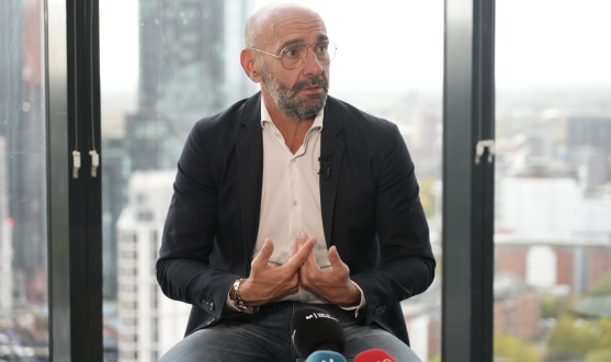 Monchi speaks with the media in Manchester