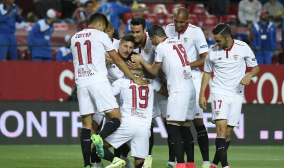 Sevilla FC celebrate the first goal against Granada