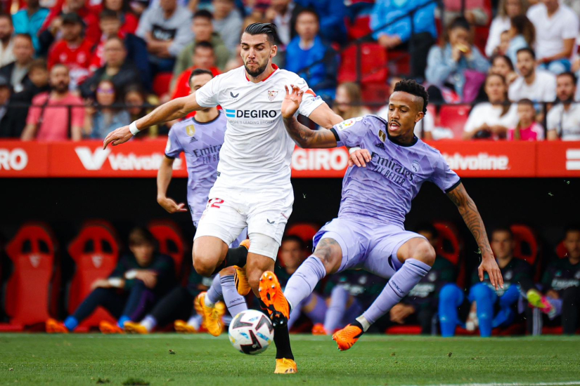 Sevilla's Rafa Mir up against Real Madrid