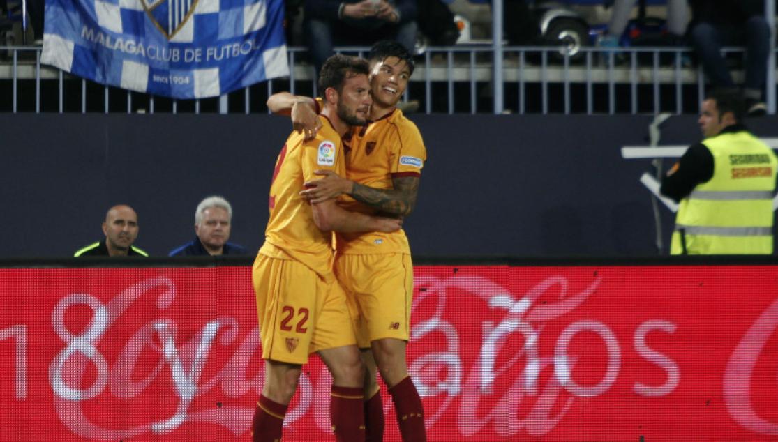 Franco Vázquez celebra el gol ante el Málaga C.F.